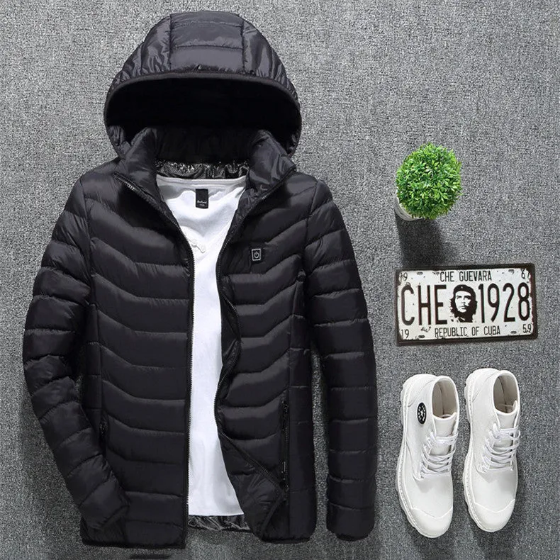 Winter heated jacket with USB carbon fibre heating, removable hood, available in black, blue, and red colours