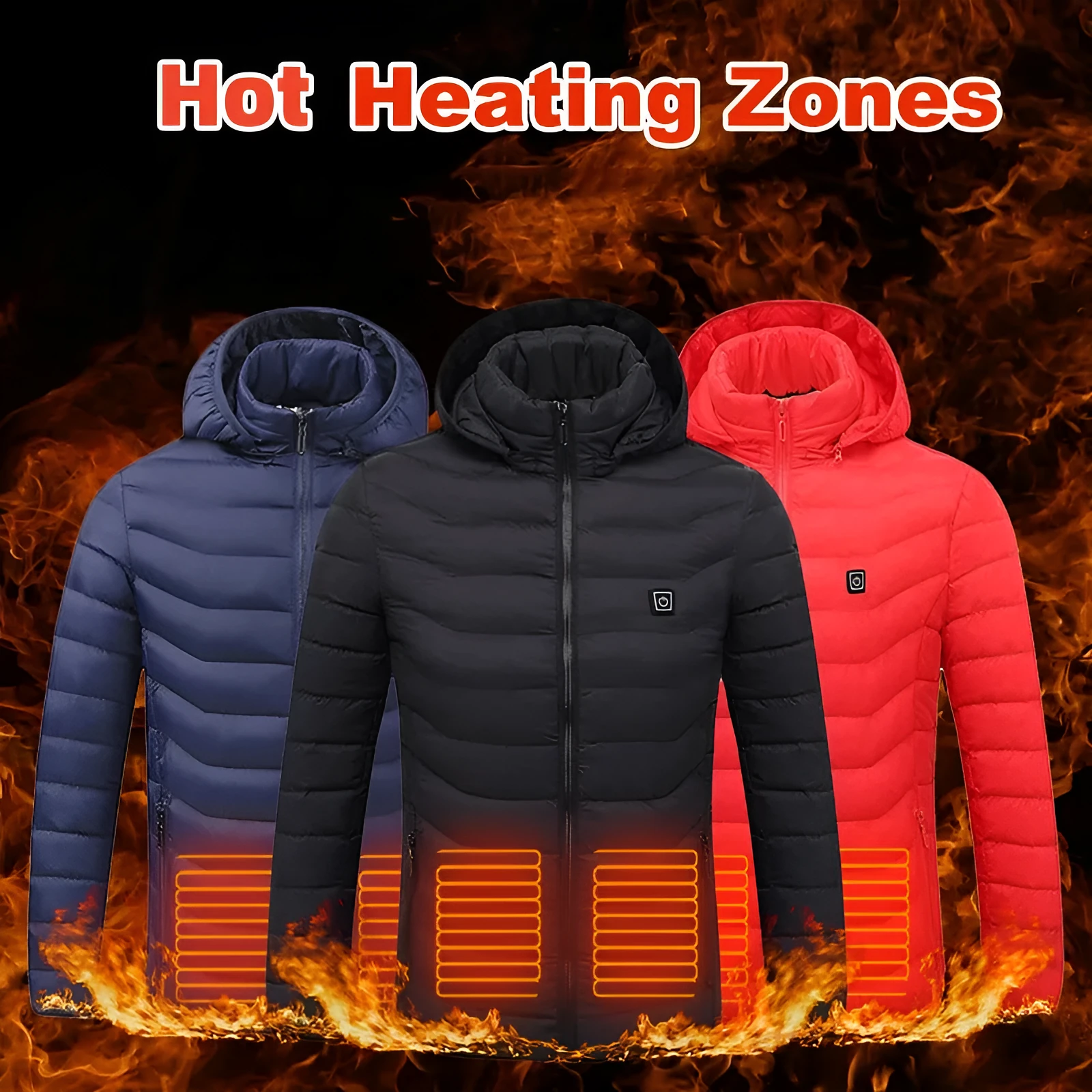 Winter heated jacket with USB carbon fibre heating, removable hood, available in black, blue, and red colours