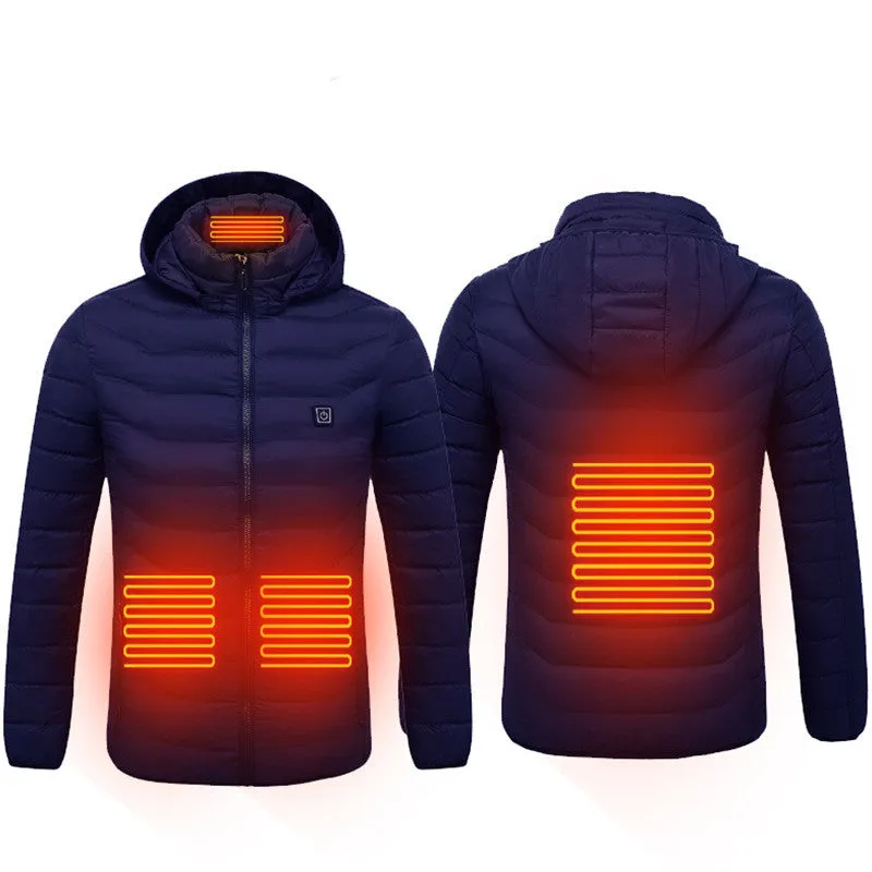 Winter heated jacket with USB carbon fibre heating, removable hood, available in black, blue, and red colours