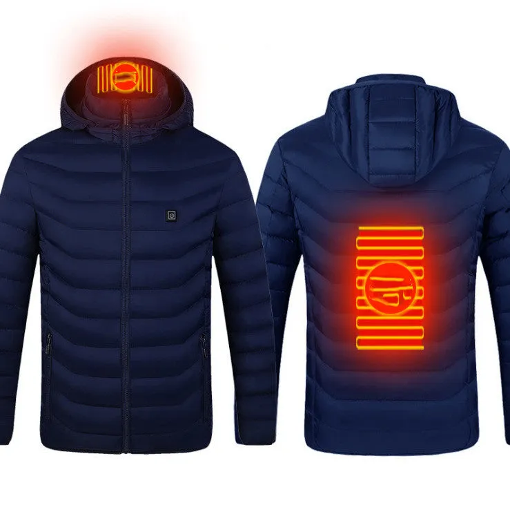 Winter heated jacket with USB carbon fibre heating, removable hood, available in black, blue, and red colours
