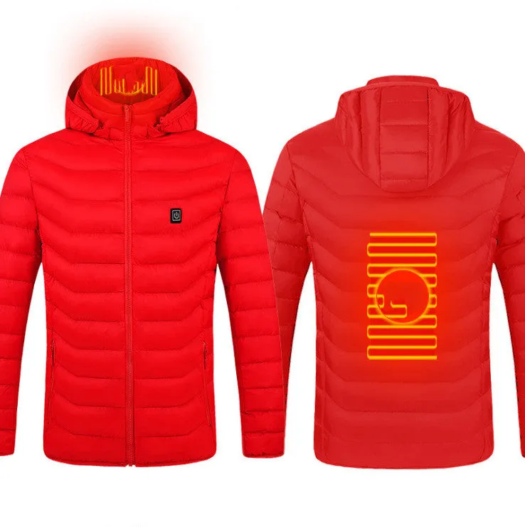 Winter heated jacket with USB carbon fibre heating, removable hood, available in black, blue, and red colours