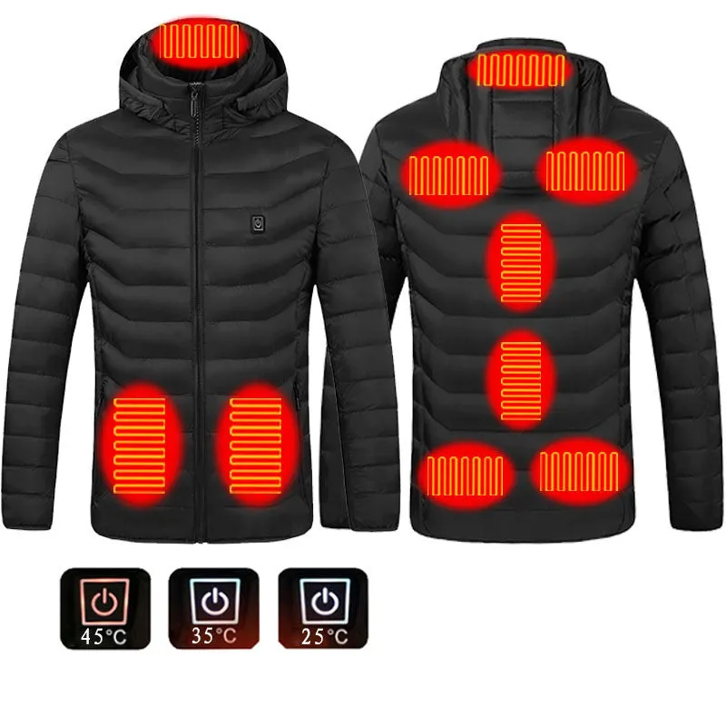 Winter heated jacket with USB carbon fibre heating, removable hood, available in black, blue, and red colours