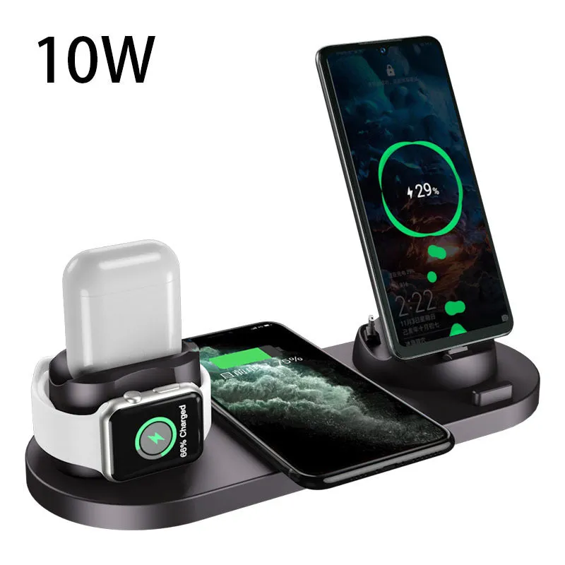 6 in 1 wireless charger for iPhone and watch, fast charging pad in black, compact 23cm design
