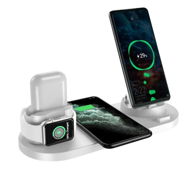 6 in 1 wireless charger for iPhone and watch, fast charging pad in black, compact 23cm design