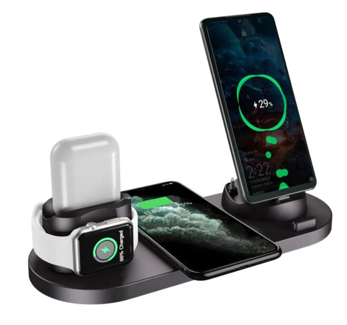 6 in 1 wireless charger for iPhone and watch, fast charging pad in black, compact 23cm design
