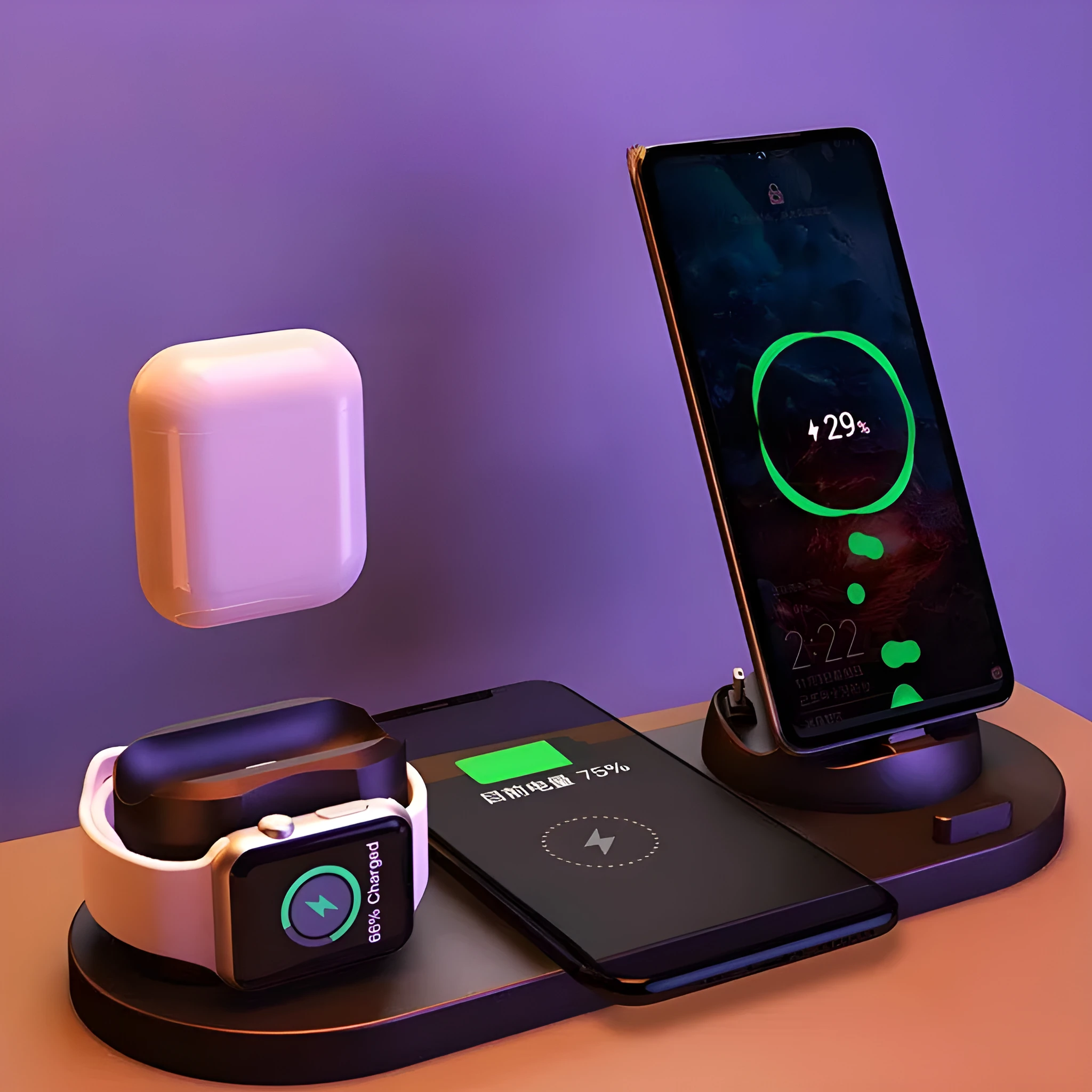 6 in 1 wireless charger for iPhone and watch, fast charging pad in black, compact 23cm design