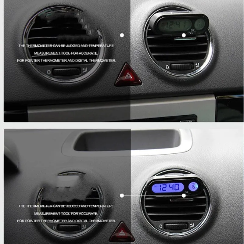 Black electronic car dashboard clock and thermometer with adjustable bracket on display
