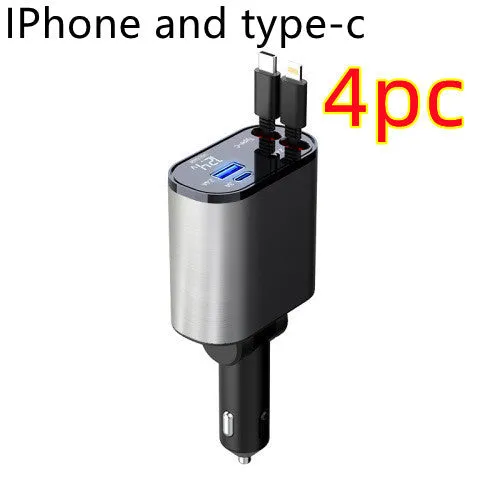 Metal car charger with retractable cable and adjustable head, USB and Type-C ports, 100W fast charging