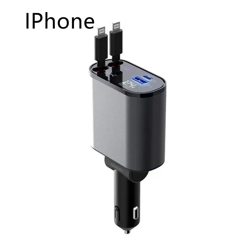 Metal car charger with retractable cable and adjustable head, USB and Type-C ports, 100W fast charging