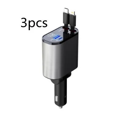 Metal car charger with retractable cable and adjustable head, USB and Type-C ports, 100W fast charging