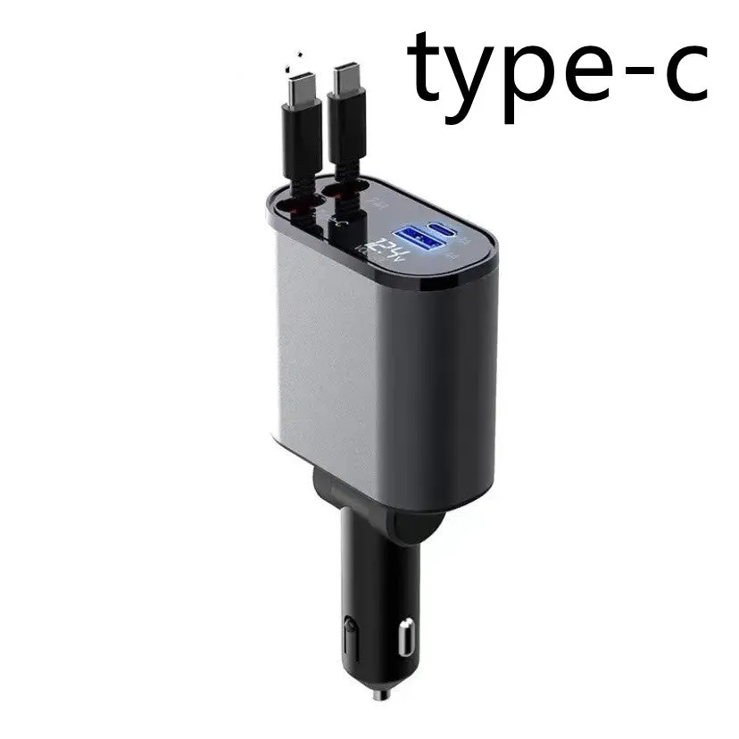 Metal car charger with retractable cable and adjustable head, USB and Type-C ports, 100W fast charging