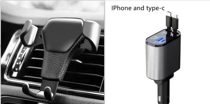 Metal car charger with retractable cable and adjustable head, USB and Type-C ports, 100W fast charging