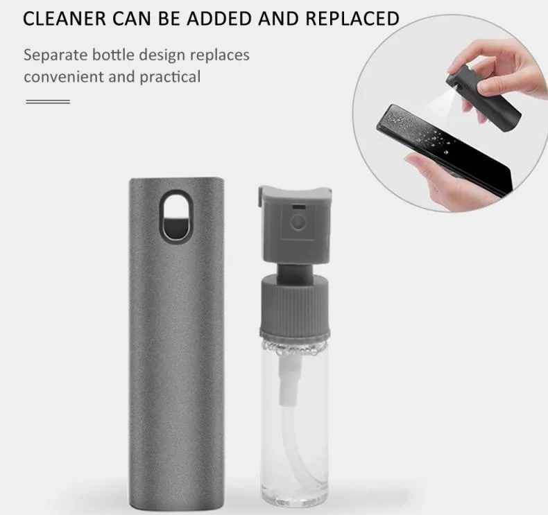2-in-1 screen cleaner kit with spray bottle and microfiber cloth in pink and grey for phone and computer screens