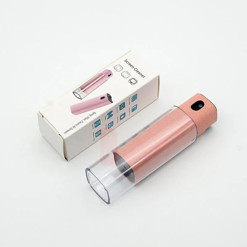2-in-1 screen cleaner kit with spray bottle and microfiber cloth in pink and grey for phone and computer screens