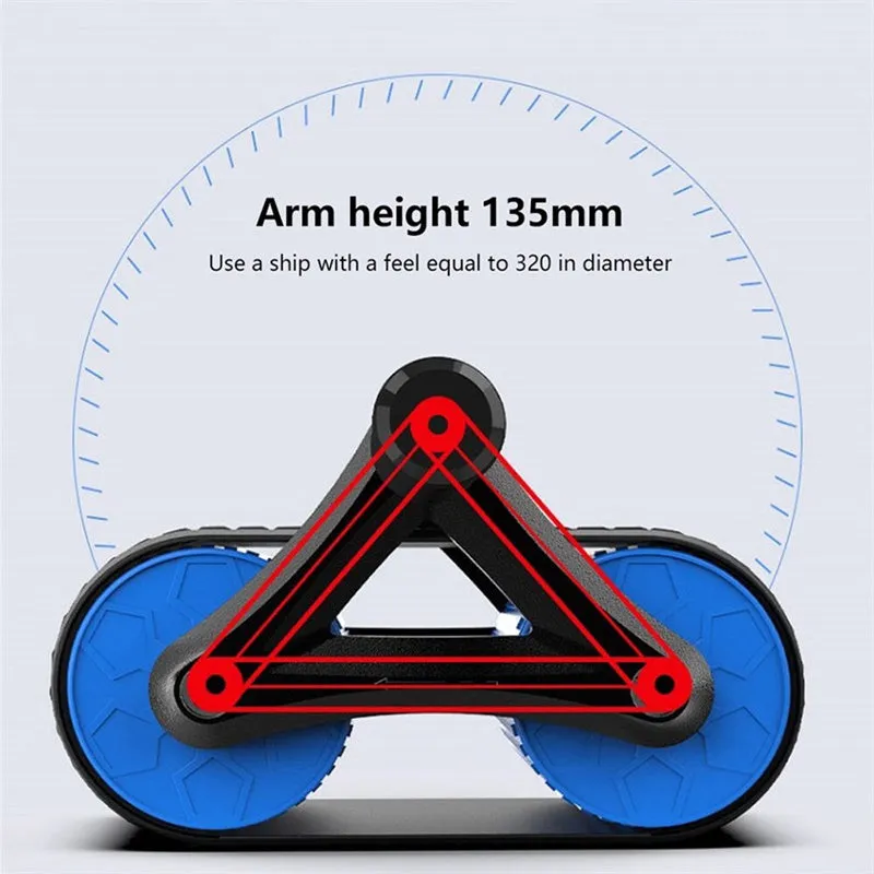 Double wheel abdominal exerciser with automatic rebound and blue kneeling pad on a dark surface