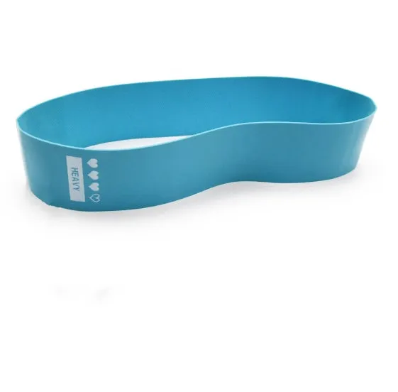 Four colour-coded resistance bands in purple, pink, blue, and grey with non-slip inner lines laid flat on a surface