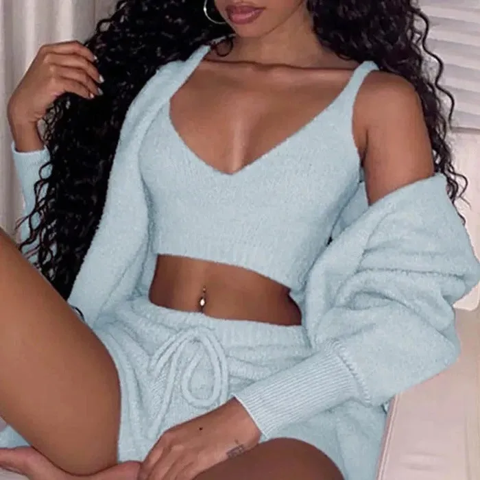 Women's Long Sleeve Crop Tank Top and Drawstring Shorts Pajama Set, Velvet Pants Suit in Multiple Colours White Pink Orange Purple Gray, Available in Asian Sizes S to XXXL for Sleepwear Loungewear
