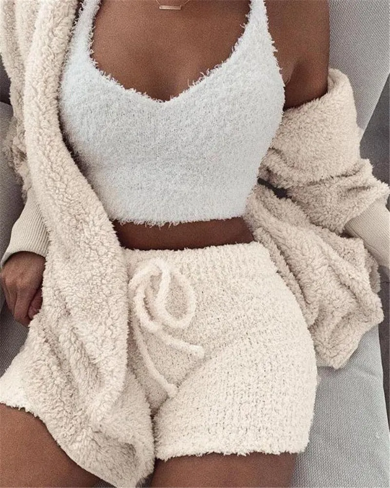 Women's Long Sleeve Crop Tank Top and Drawstring Shorts Pajama Set, Velvet Pants Suit in Multiple Colours White Pink Orange Purple Gray, Available in Asian Sizes S to XXXL for Sleepwear Loungewear