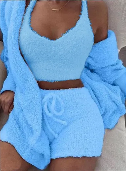 Women's Long Sleeve Crop Tank Top and Drawstring Shorts Pajama Set, Velvet Pants Suit in Multiple Colours White Pink Orange Purple Gray, Available in Asian Sizes S to XXXL for Sleepwear Loungewear