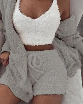 Women's Long Sleeve Crop Tank Top and Drawstring Shorts Pajama Set, Velvet Pants Suit in Multiple Colours White Pink Orange Purple Gray, Available in Asian Sizes S to XXXL for Sleepwear Loungewear