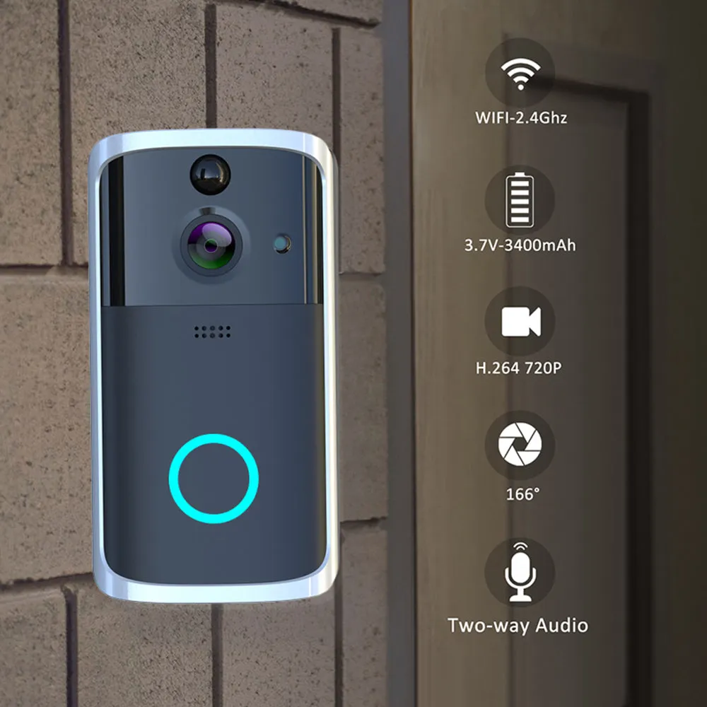 WiFi video doorbell camera in black, 7.5cm by 3.3cm by 14.4cm, with infrared night vision, two-way voice intercom