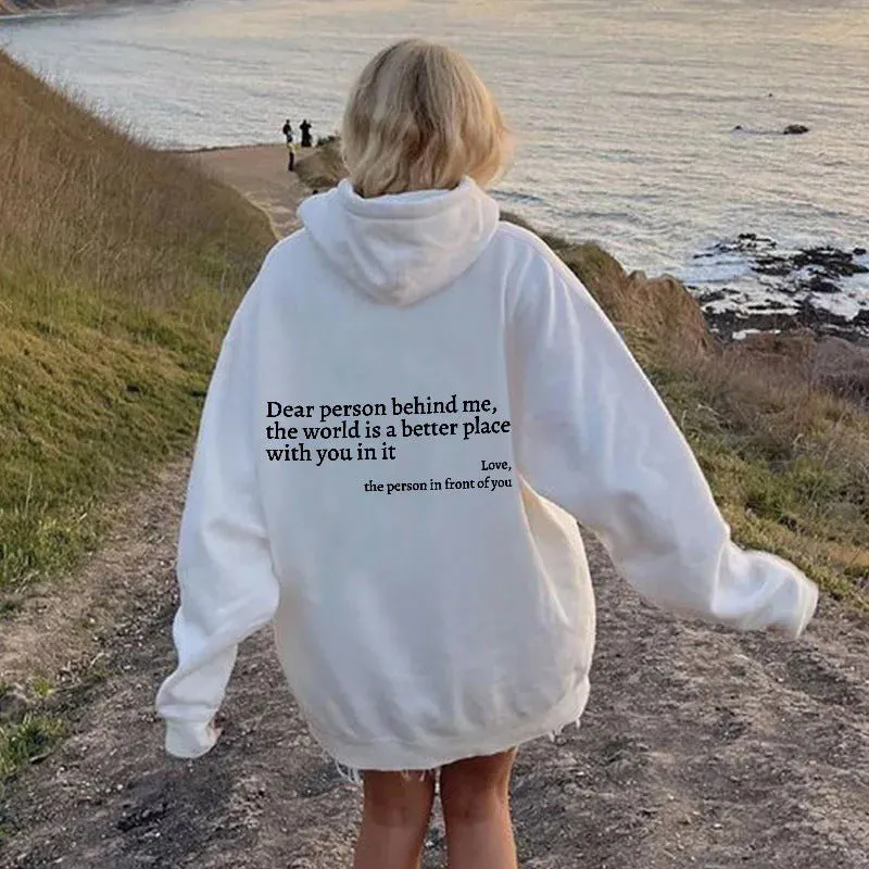 Women's plush letter printed kangaroo pocket drawstring hoodie in polyester, available in multiple colours