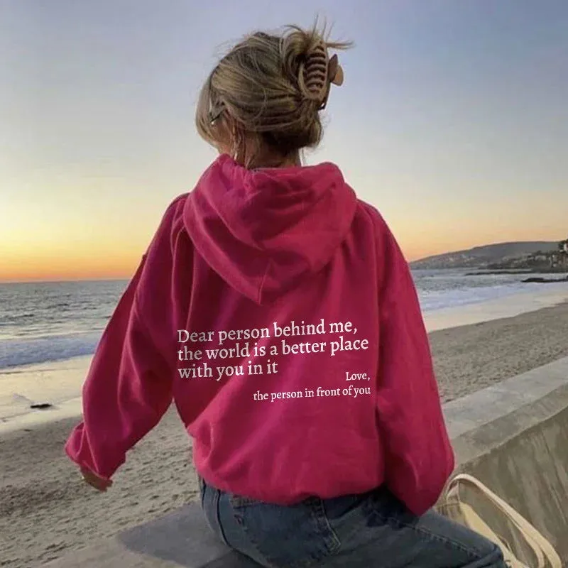 Women's plush letter printed kangaroo pocket drawstring hoodie in polyester, available in multiple colours