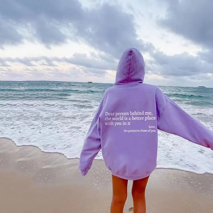 Women's plush letter printed kangaroo pocket drawstring hoodie in polyester, available in multiple colours