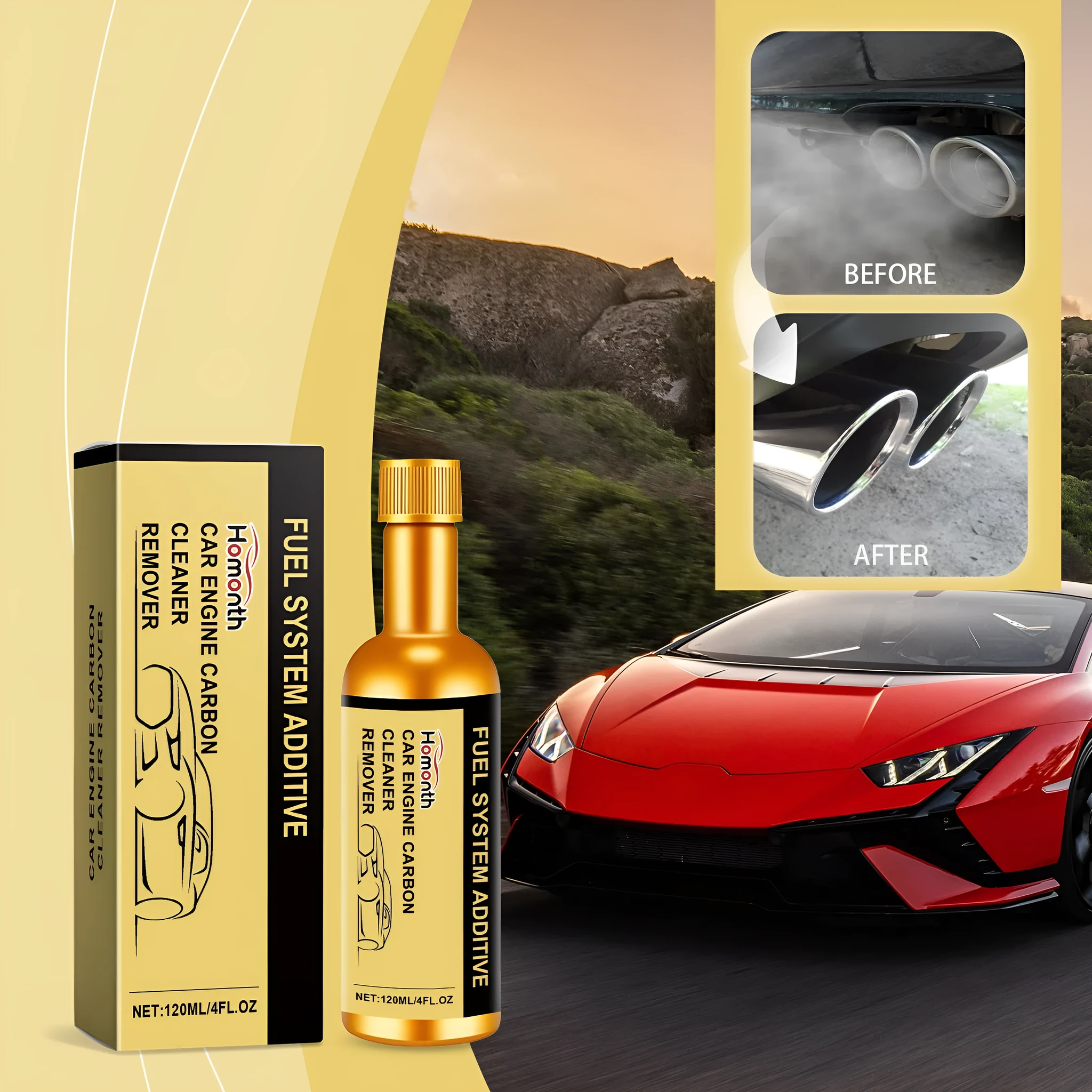 120ml car engine carbon cleaning additive bottle on white background