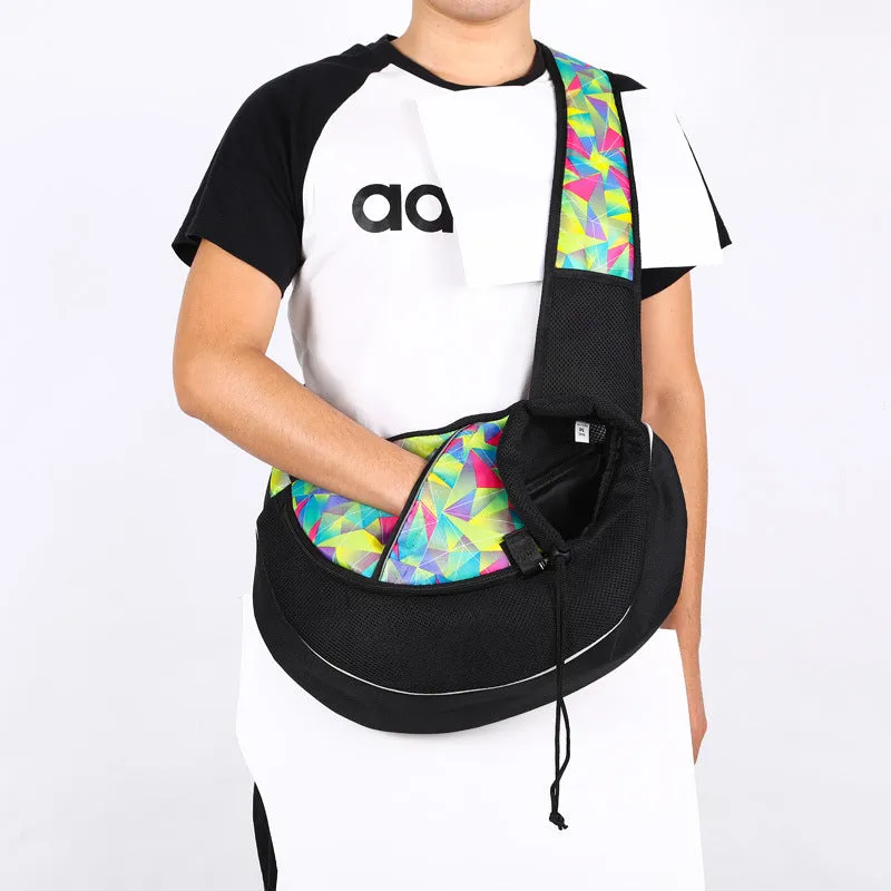 Outdoor portable crossbody pet carrier bag for dogs cats, black Oxford material, drawstring closure