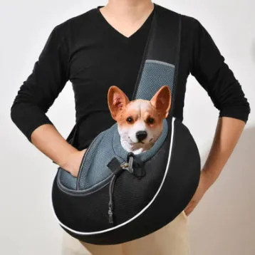 Outdoor portable crossbody pet carrier bag for dogs cats, black Oxford material, drawstring closure