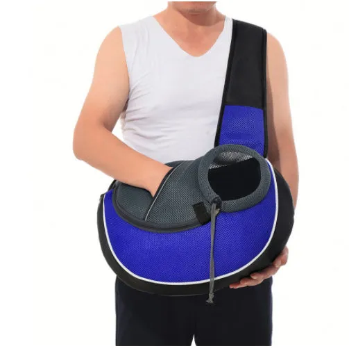 Outdoor portable crossbody pet carrier bag for dogs cats, black Oxford material, drawstring closure