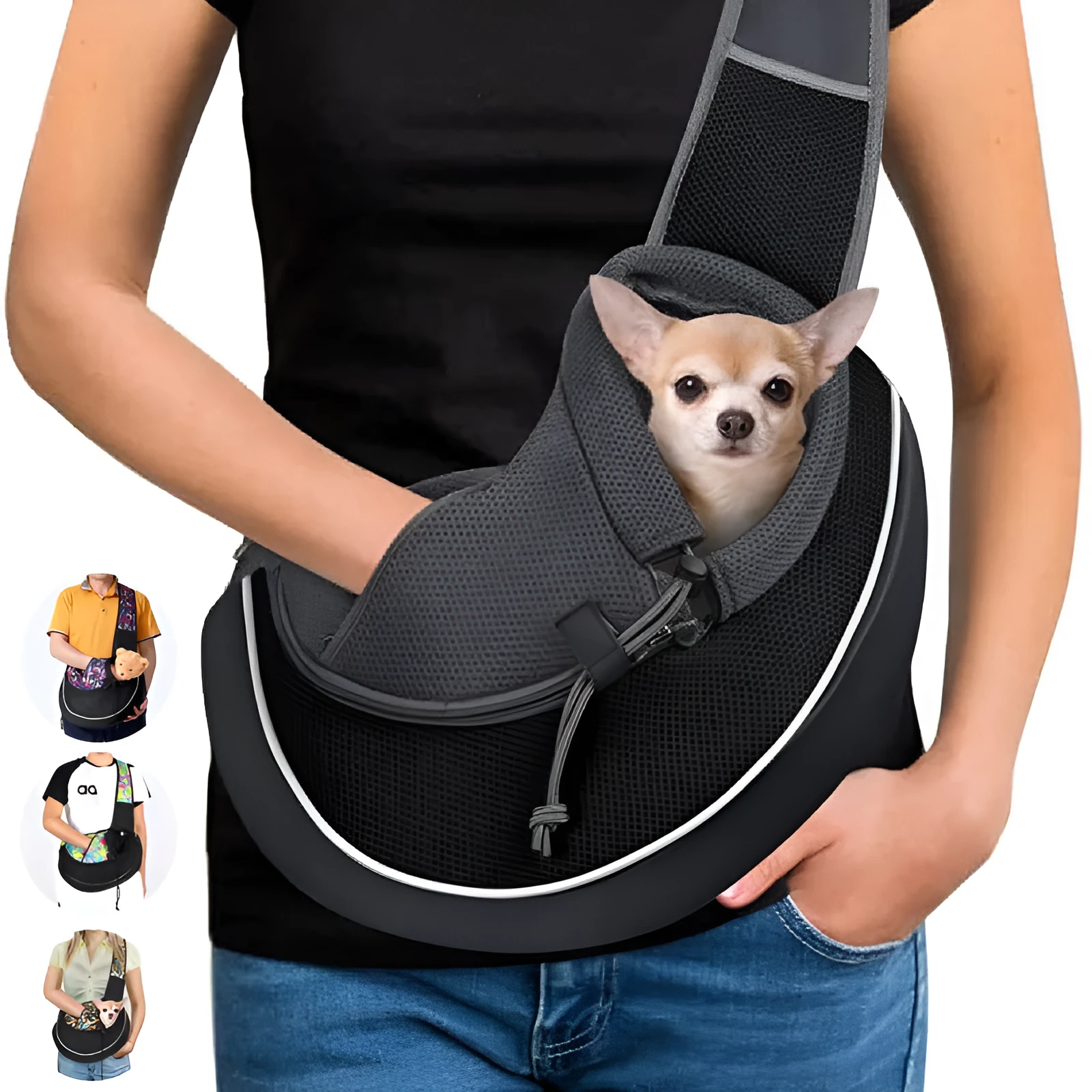 Outdoor portable crossbody pet carrier bag for dogs cats, black Oxford material, drawstring closure