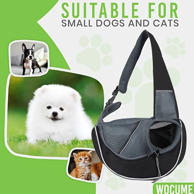 Outdoor portable crossbody pet carrier bag for dogs cats, black Oxford material, drawstring closure