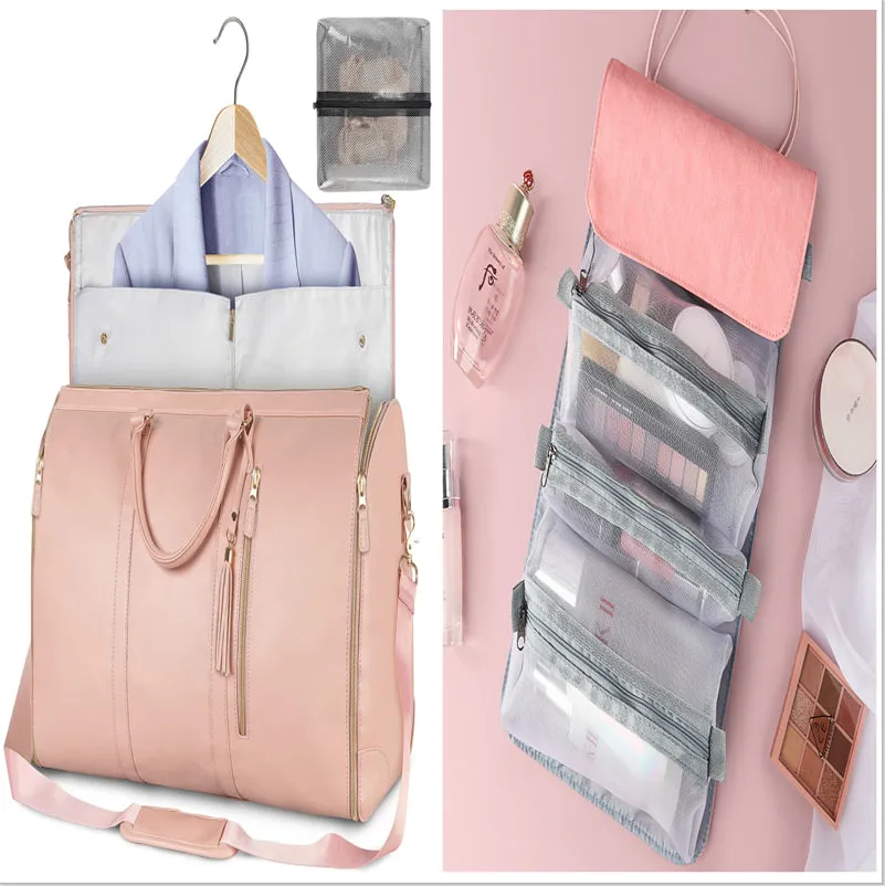 Large capacity waterproof travel duffle bag for women in pink, foldable PU material with contrast stitching and lock detail