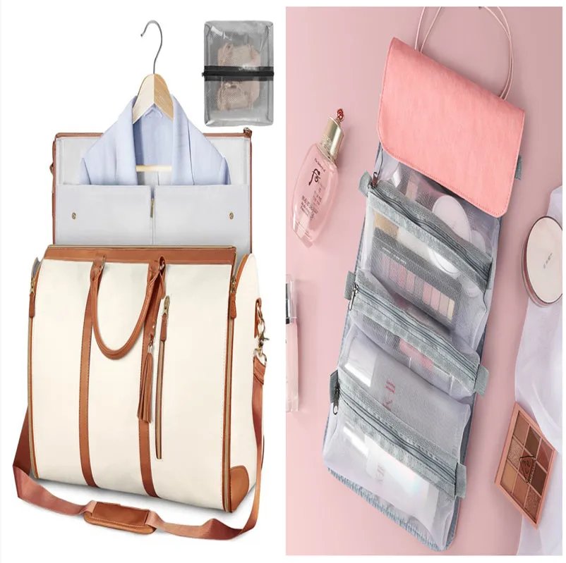 Large capacity waterproof travel duffle bag for women in pink, foldable PU material with contrast stitching and lock detail