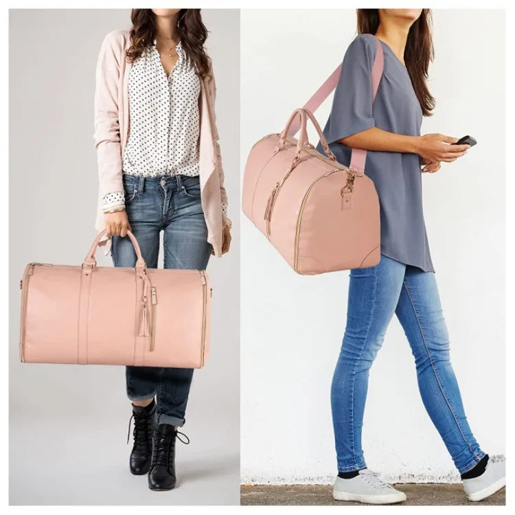 Large capacity waterproof travel duffle bag for women in pink, foldable PU material with contrast stitching and lock detail