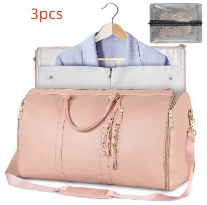 Large capacity waterproof travel duffle bag for women in pink, foldable PU material with contrast stitching and lock detail