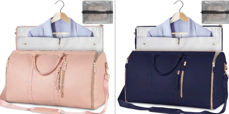 Large capacity waterproof travel duffle bag for women in pink, foldable PU material with contrast stitching and lock detail