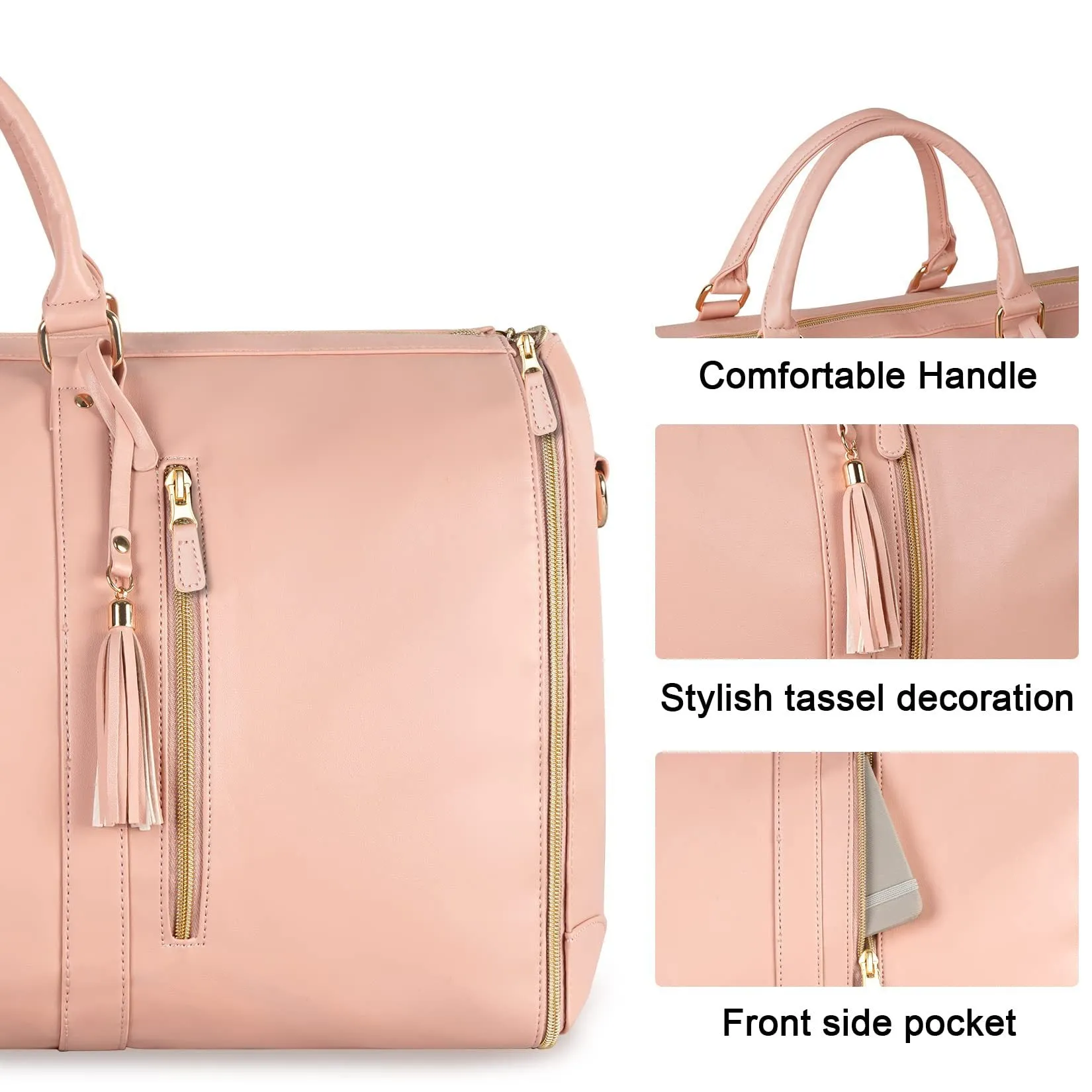 Large capacity waterproof travel duffle bag for women in pink, foldable PU material with contrast stitching and lock detail
