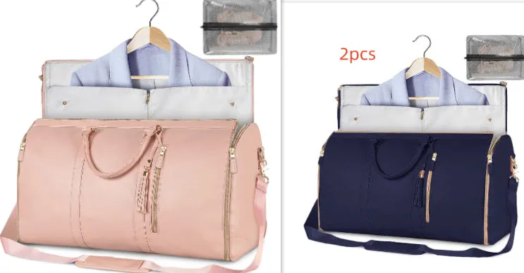 Large capacity waterproof travel duffle bag for women in pink, foldable PU material with contrast stitching and lock detail