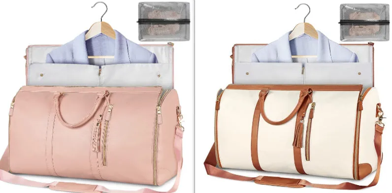 Large capacity waterproof travel duffle bag for women in pink, foldable PU material with contrast stitching and lock detail