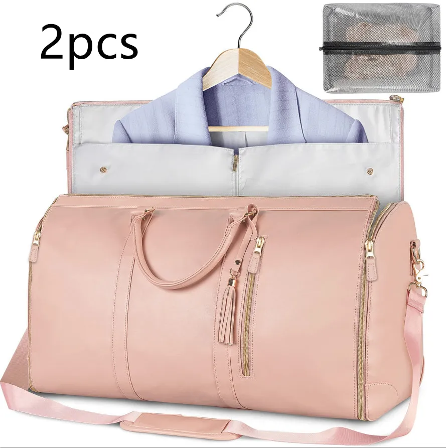 Large capacity waterproof travel duffle bag for women in pink, foldable PU material with contrast stitching and lock detail