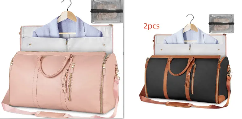 Large capacity waterproof travel duffle bag for women in pink, foldable PU material with contrast stitching and lock detail