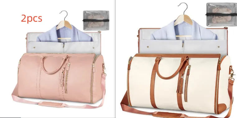 Large capacity waterproof travel duffle bag for women in pink, foldable PU material with contrast stitching and lock detail