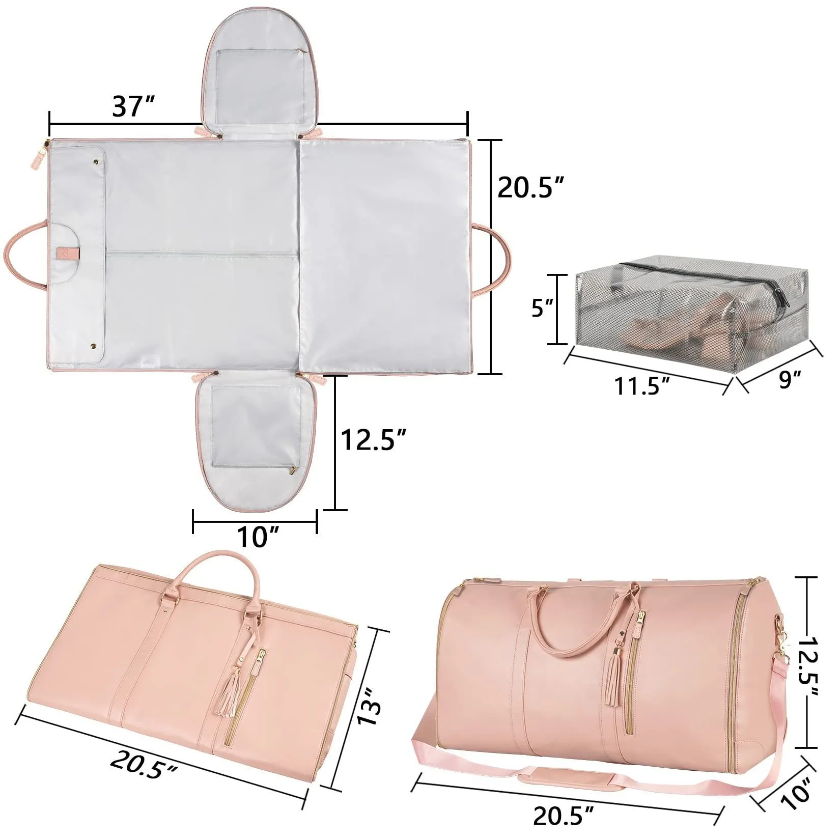 Large capacity waterproof travel duffle bag for women in pink, foldable PU material with contrast stitching and lock detail