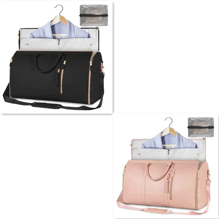 Large capacity waterproof travel duffle bag for women in pink, foldable PU material with contrast stitching and lock detail