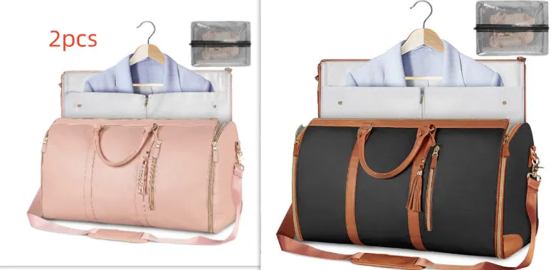 Large capacity waterproof travel duffle bag for women in pink, foldable PU material with contrast stitching and lock detail