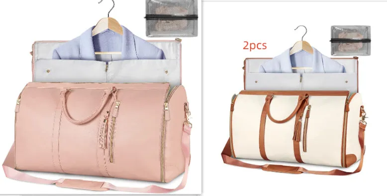 Large capacity waterproof travel duffle bag for women in pink, foldable PU material with contrast stitching and lock detail