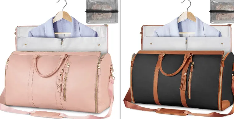 Large capacity waterproof travel duffle bag for women in pink, foldable PU material with contrast stitching and lock detail